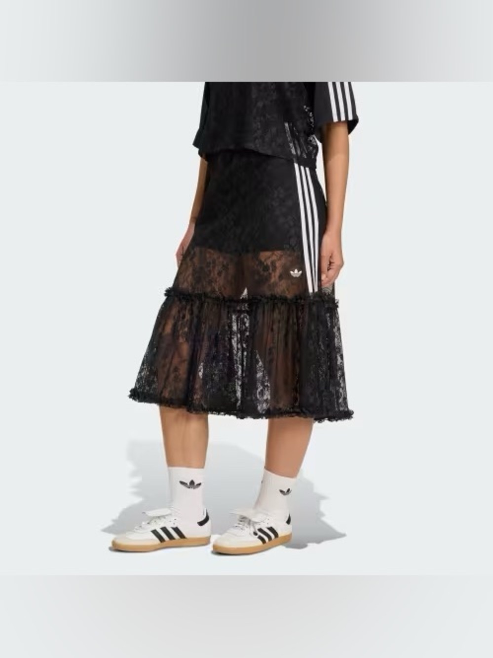 Adidas Originals Black Lace Midi Skirt with White Side Stripes